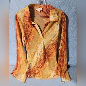 Vibrant Orange Gold Pleated Blouse with Notched Collar
